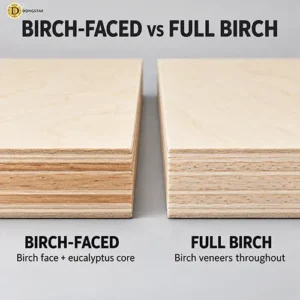 Illustrative comparison of birch-faced eucalyptus-core plywood and full birch plywood cross-sections