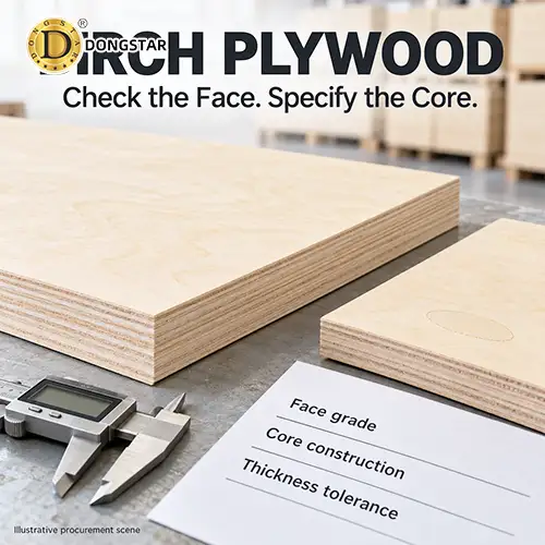 Birch plywood samples showing face veneer, layered core and tools for checking purchasing specifications