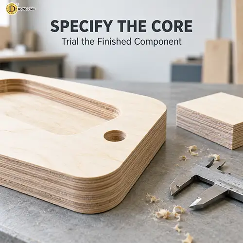 Machined birch plywood component showing a routed recess, drilled hole and exposed layered edges