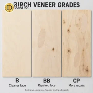 Illustrative comparison of B, BB and CP birch plywood face veneers showing grain, knots and repair patches