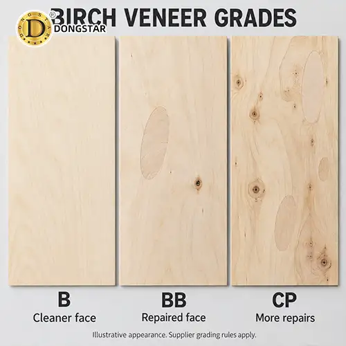 Illustrative comparison of B, BB and CP birch plywood face veneers showing grain, knots and repair patches